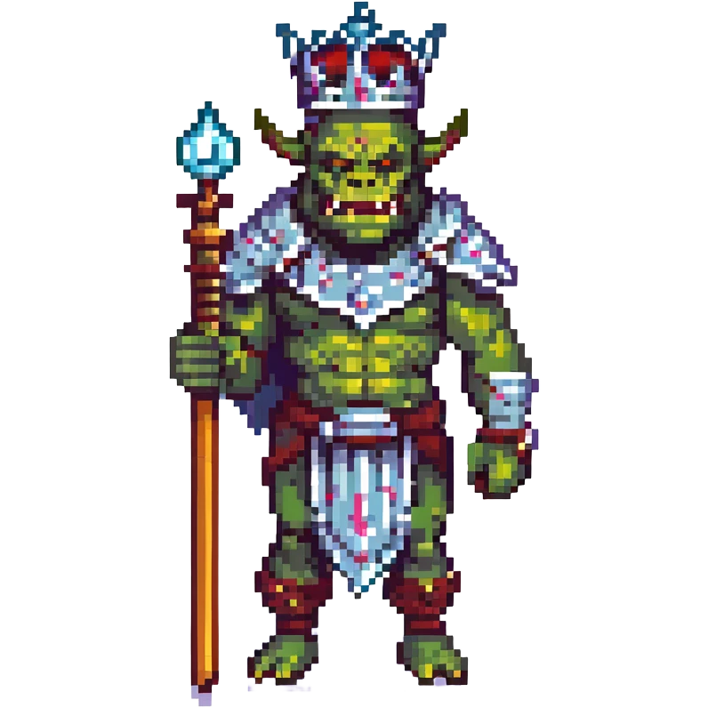 pixel art crowned orc, holding a scepter, ornate crown, fierce expression, retro game look emoji