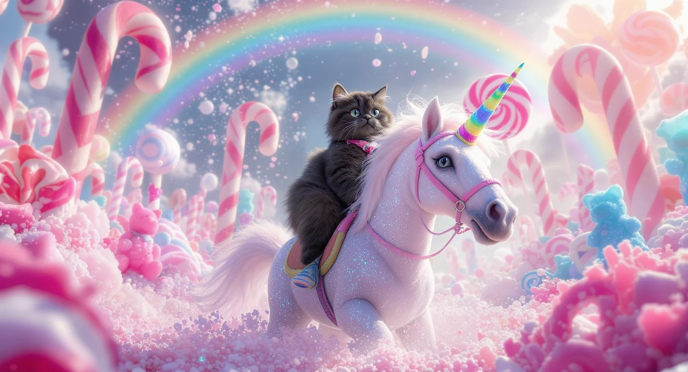 Cinematic still of a cat riding on unicorn around magic pink, and blue candy world, rainbow, dynamic shot emoji