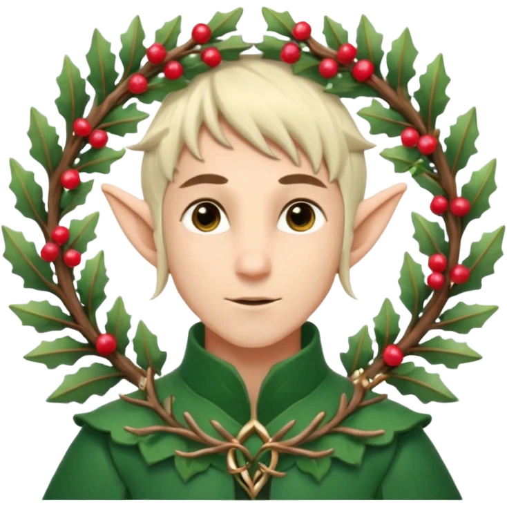 Fantasy elf portrait emoji, winter forest wreath made of pine branches and berries, elven ears visible, calm elegant expression, clean simple design, soft winter colors, flat emoji style, high readability, male variant
 emoji