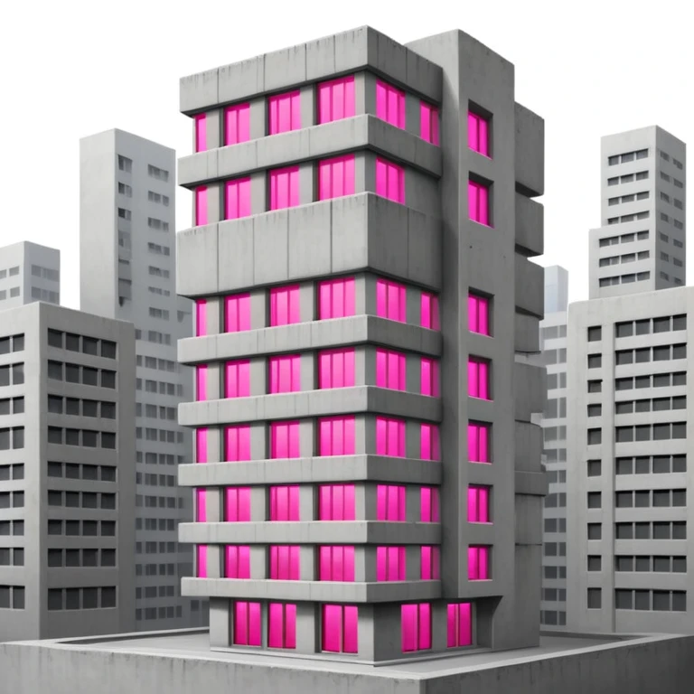 Tall gray brutalist concrete tower with one bright pink window among many regular gray windows emoji
