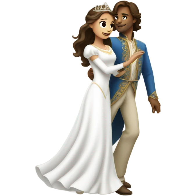 princess with a white dress with long brunette hair dancing with a prince emoji