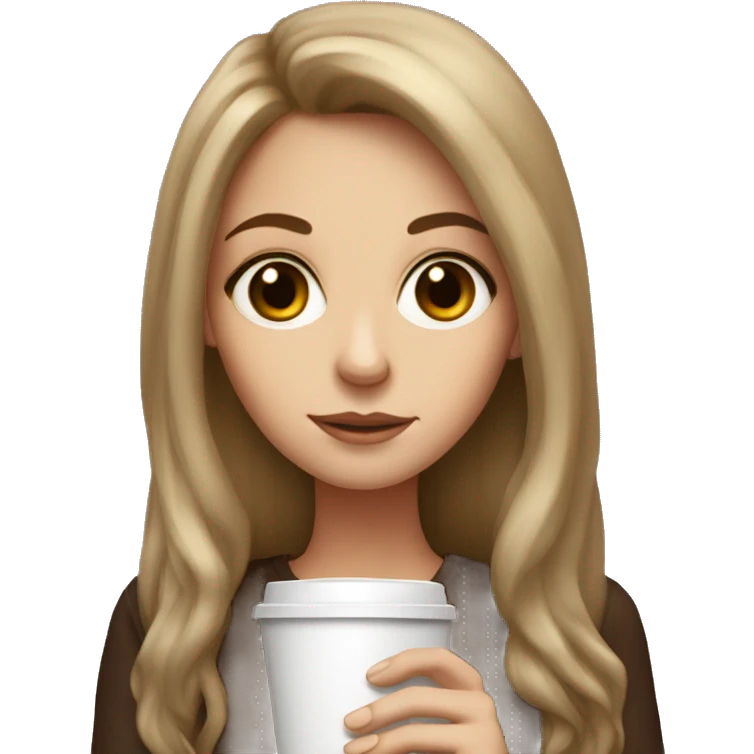 White girl with brown long hair big eyes and coffee   emoji