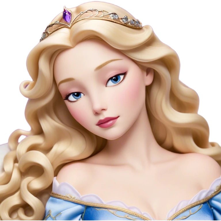 Cinematic Realistic Sleeping Beauty (Aurora) Portrait, with porcelain-like skin featuring a natural rosy flush, illuminated by soft lighting that highlights the gentle contours of her face. Her golden blonde hair flows in soft, detailed waves with subtle highlights that shimmer in the light. Her deep violet-blue eyes radiate warmth and innocence, framed by arched brows and long lashes. Her serene expression exudes quiet elegance. She is dressed in her classic pink gown, the fabric rich in texture with delicate folds that catch the light. A golden crown rests atop her head, gleaming with royal refinement. The portrait captures a soft, glowing aura, blending realism with an ethereal sense of beauty and timeless enchantment. emoji