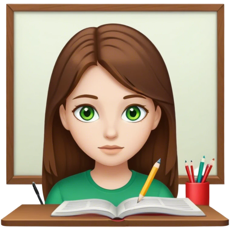 girl with brown hair and green eyes, white skin, studying emoji