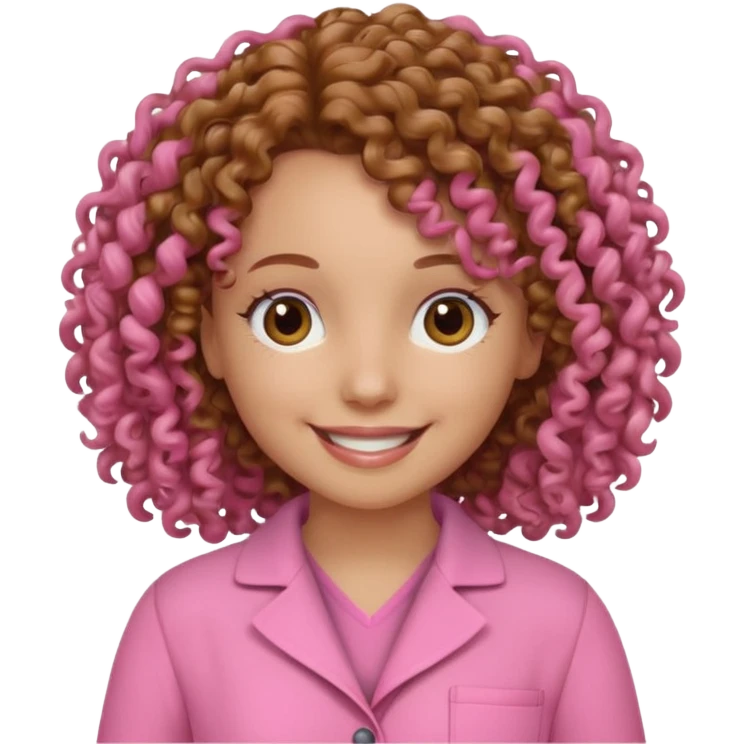 médica, cabelo castanho, pele branca, cabelo cacheado, roupa rosa emoji