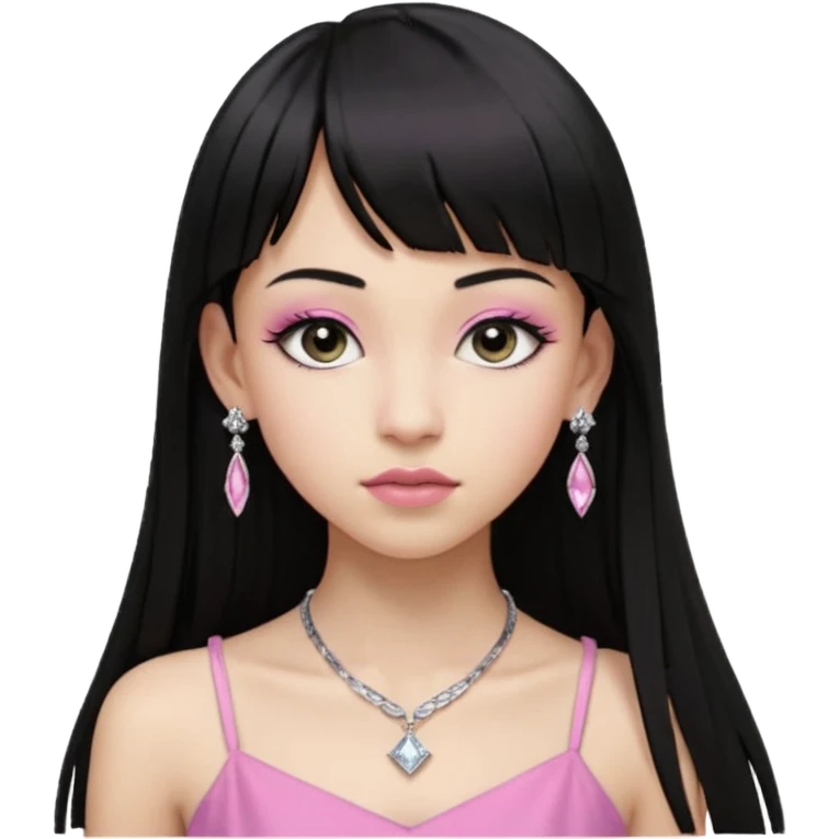 Cabelos pretos longos lisos ,com franja curvada .olhos pretos puxadinho para cima. Cílios longos curvados. Pele clara ,nariz pequeno ,lábios carnudos ,adolescente 16 anos ,vestido rosa de alça, colar pequeno prata ,brinco de diamante pequeno  emoji