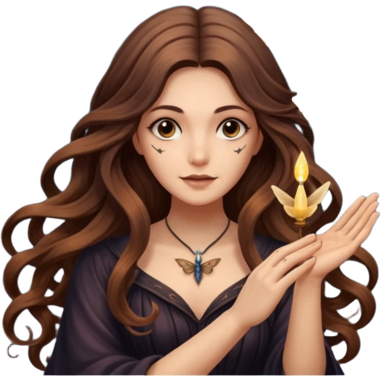 night witch woman long wavy brown hair tattoos spinning moth from fingers emoji