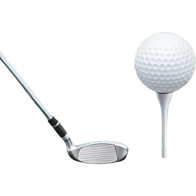 A golf ball on a tee with a golf club placed beside it, set against the backdrop of a well-manicured green golf course. The scene emphasizes the equipment and serene atmosphere of the sport, with soft lighting and a peaceful, open landscape emoji