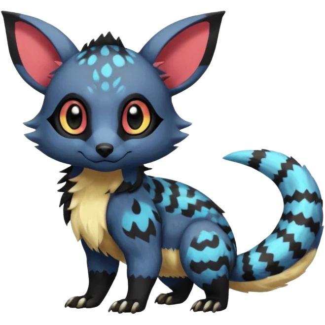 Rare exotic cute epic aesthetic colorful Salandit-Eevee-Civet-species-Fakemon-hybrid-creature, with markings, full body emoji