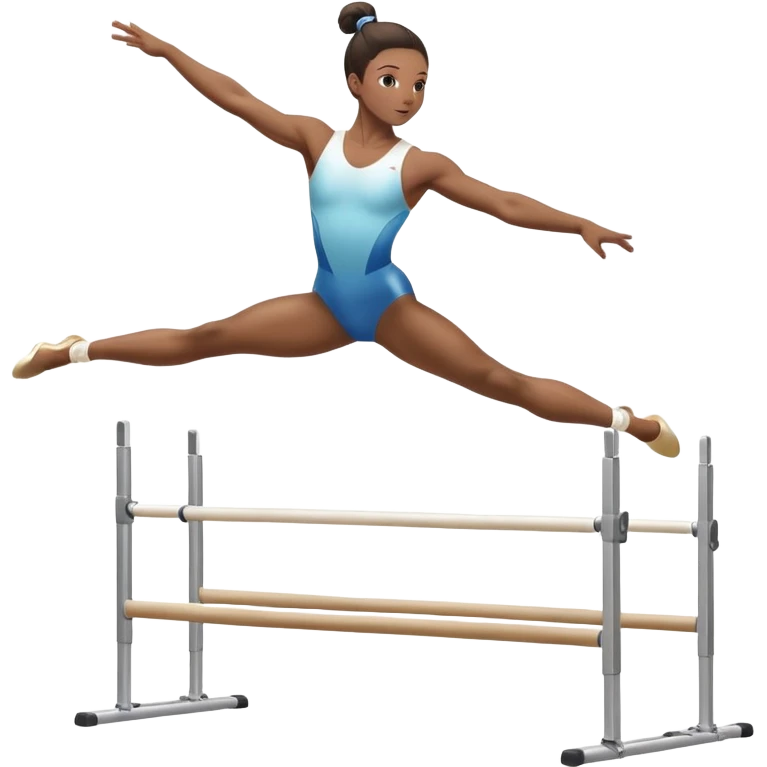 Professional gymnast performing a complex routine on parallel bars, demonstrating strength, control, and perfect balance. The gymnast is mid-air, executing a powerful move with focused concentration. The background shows a brightly lit gymnasium with a cheering audience. emoji