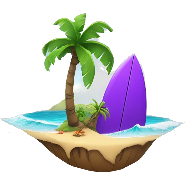 small island in the middle of the ocean with palm tree and purple cartoon Surfer sitting next to it with surfboard siting next to the palm tree emoji