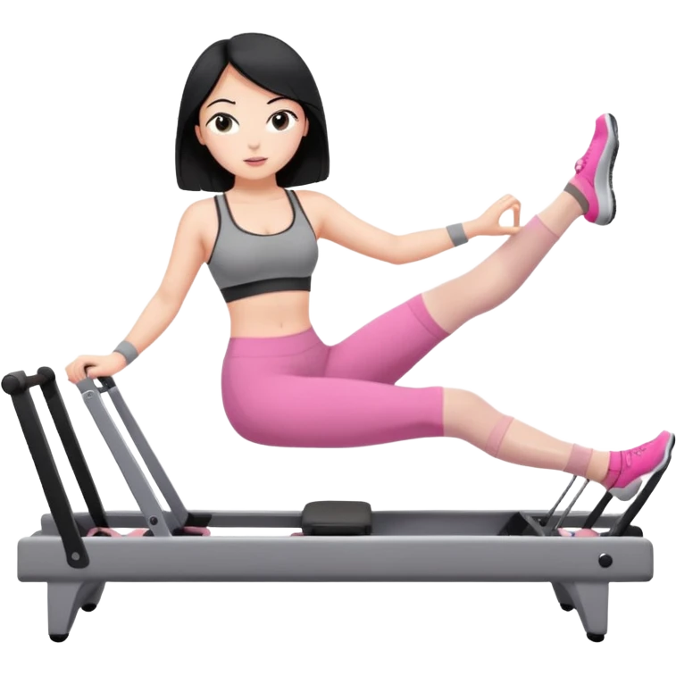 Create a Pilates emoji: a girl with fair skin and black hair, wearing a grey bra and leggings with pink socks, exercising on a pilates reformer and not looking at the camera emoji