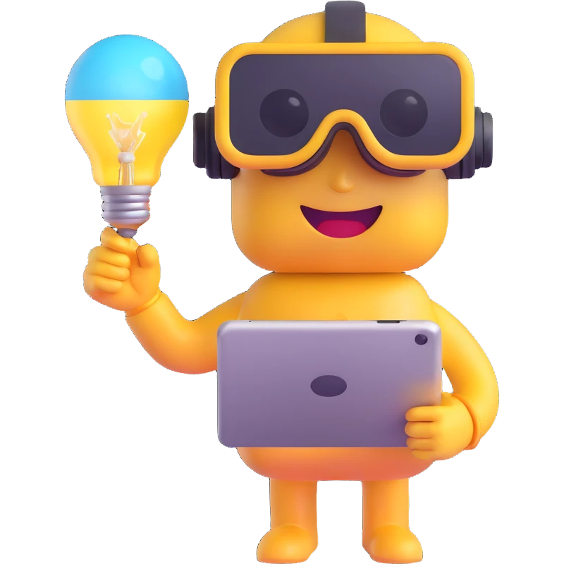 cute 3D glossy emoji character representing a New Media Education Pioneer, holding a digital tablet, wearing VR goggles, lightbulb above head symbolizing new ideas, expressive eyes full of curiosity, modern minimal design emoji