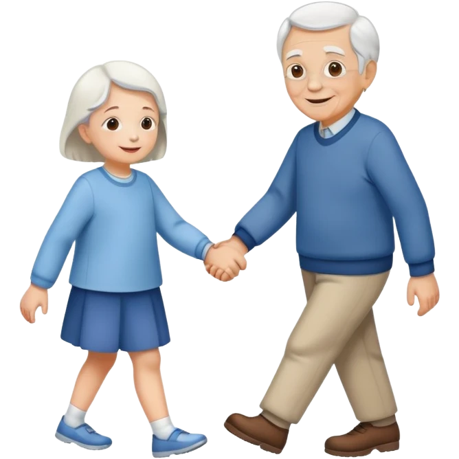 a child holding hands with an elderly person, walking together, cheerful and caring emoji