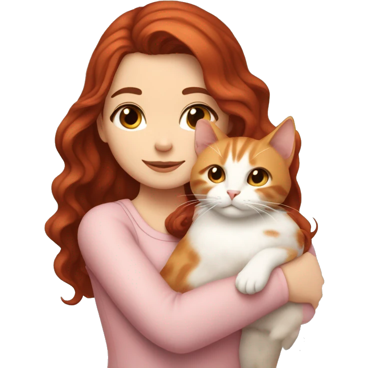 white girl with long very dark red wavy hair and dark brown eyes and light pink outfit hugging a white & ginger cat  emoji
