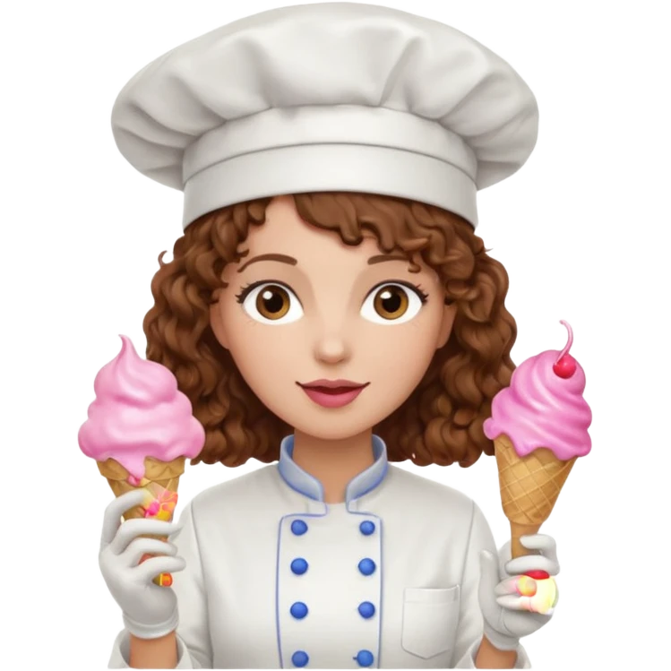 woman brown curly hair, chef, eating pink ice cream emoji