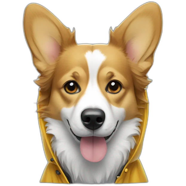corgi mixed with a border collie wearing a rain coat looking sad emoji