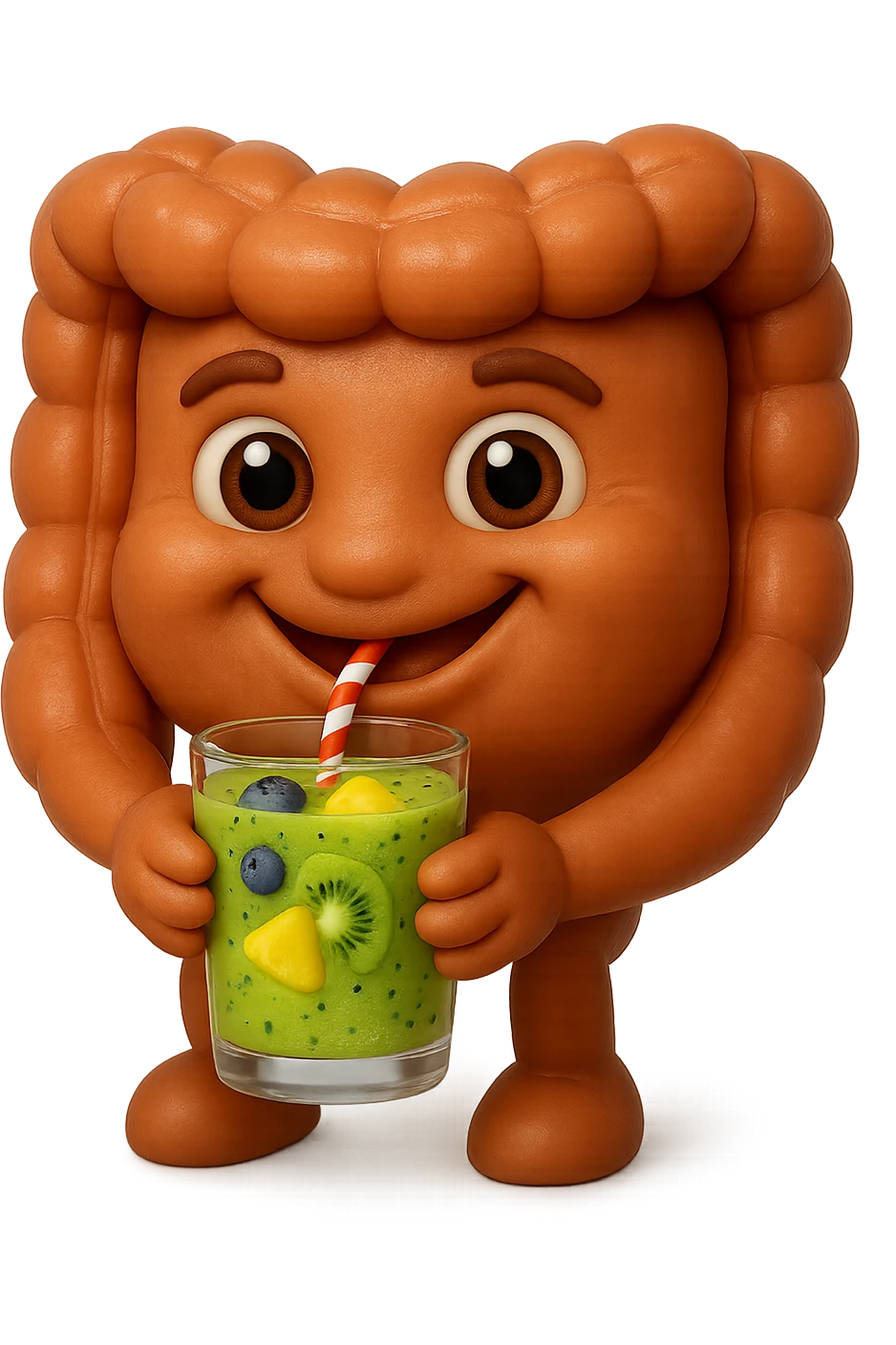 EMOJI STILE IPHONE DI un intestino umano anatomico che beve un frullato di mirtilli, ananas, kiwi, fagli anche la parte bianca degli occhi, non solo le pupille, REALISTICo 4K emoji