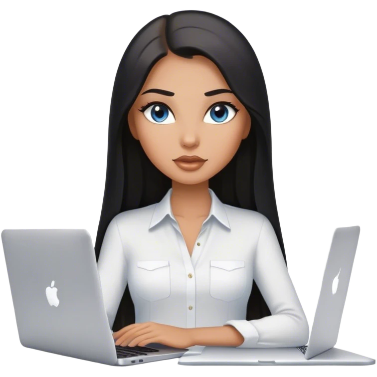 Glamours tanned very beautiful girl with pump nude lips and black straight smooth long hair, blue-grey eyes in white shirt with MacBook. emoji