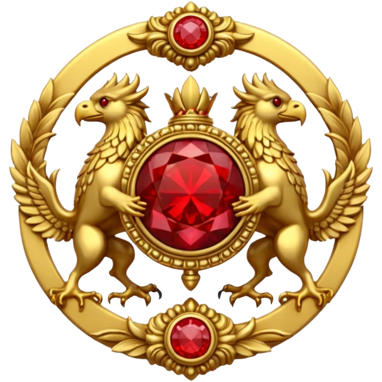 Golden griffin crest / brosch in a circle with two red gems and no background emoji