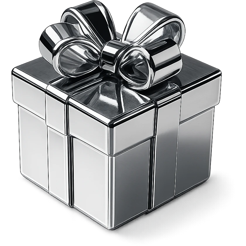 abstract chrome composition of a box and bow, radiant and harmonious emoji