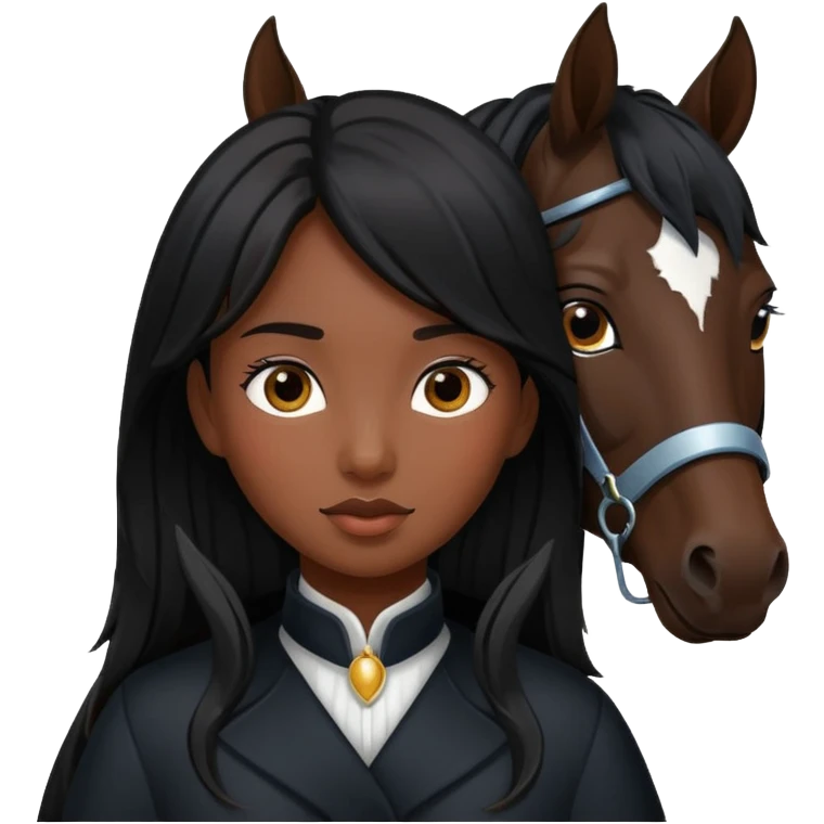 Dark brown asian girl with black horse emoji