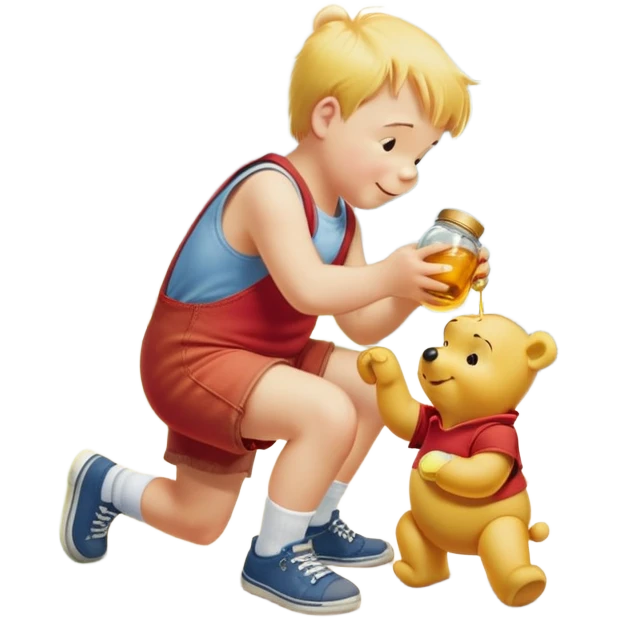 yellow teddy bear winnie the pooh is wearing a red t-shirt with the inscription "Winnie" eats honey from a jar happily communicates with his little friend Christopher Robin, Christopher Robin boy 10 years old is wearing a white shirt, red vest, denim shorts, white socks black sneakers  emoji