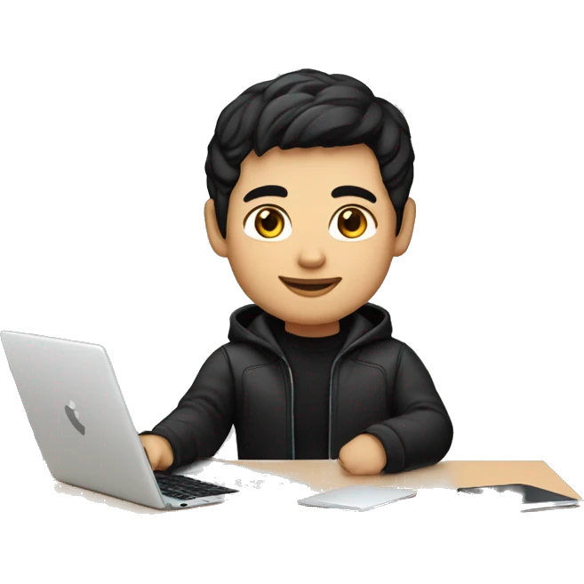 memoji of a man with a laptop in front, apple-style, fair white skintone, black jacket or hoodie,modern,black hair,black sweater,computer in hand,sitting on his desk emoji