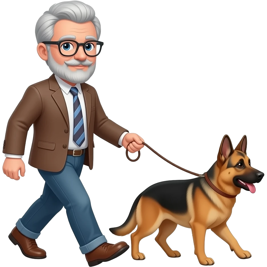 Older  man with  gray hair beard and glasses Man walking shepski dog on a leash emoji emoji