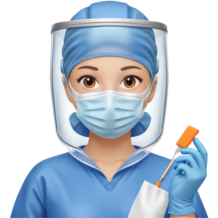 A meticulous cleanroom worker dressed in full protective gear, including a blue sterile suit, a face mask, a hairnet, and orange gloves.  wipe  in her hand. emoji