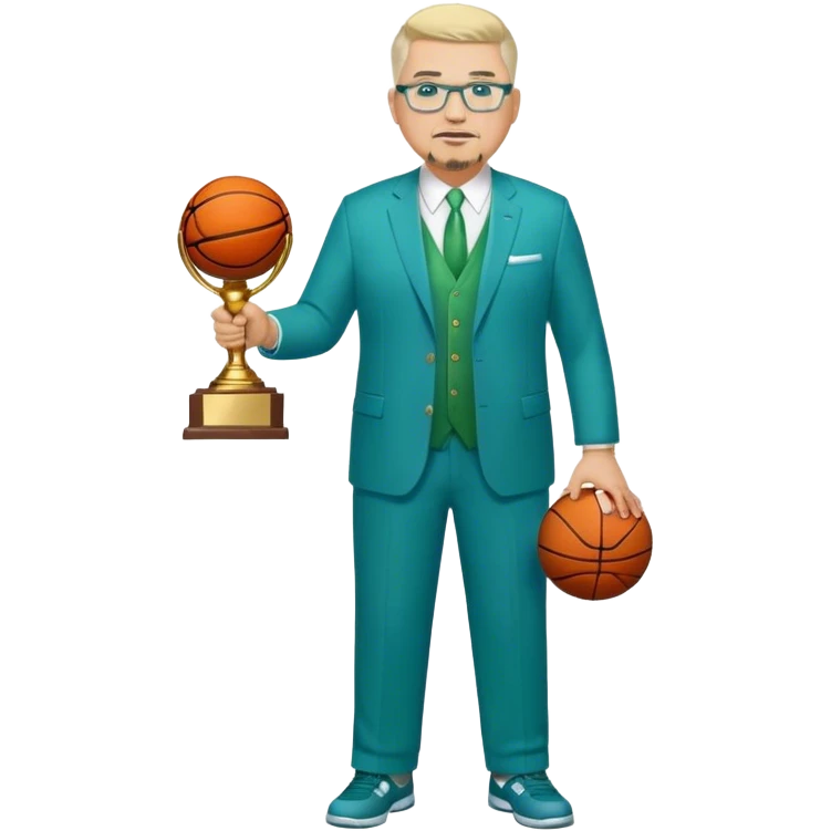 Full Body white fat male  wearing glasses with a goatee with light blonde gray very short hair basketball head Coach in blue and green suit holding trophy emoji