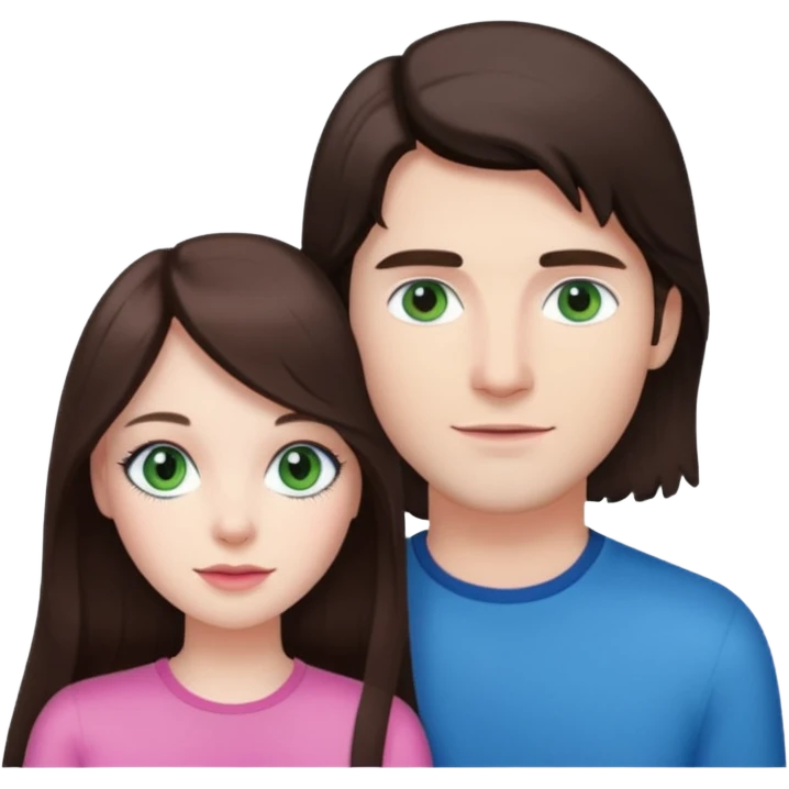 pink polaroid photo of a couple thats white with long brunette hair blue eyes and a white guy with short brunette hair and green eyes emoji