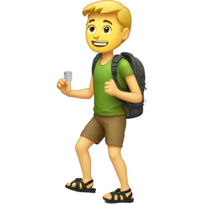 a white guy hiking using sandals, with a computer and coding while he is hiking emoji
