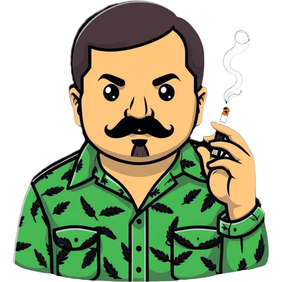 Mexican drug lord El Chapo with mustache and patterned shirt, smoking weed emoji
