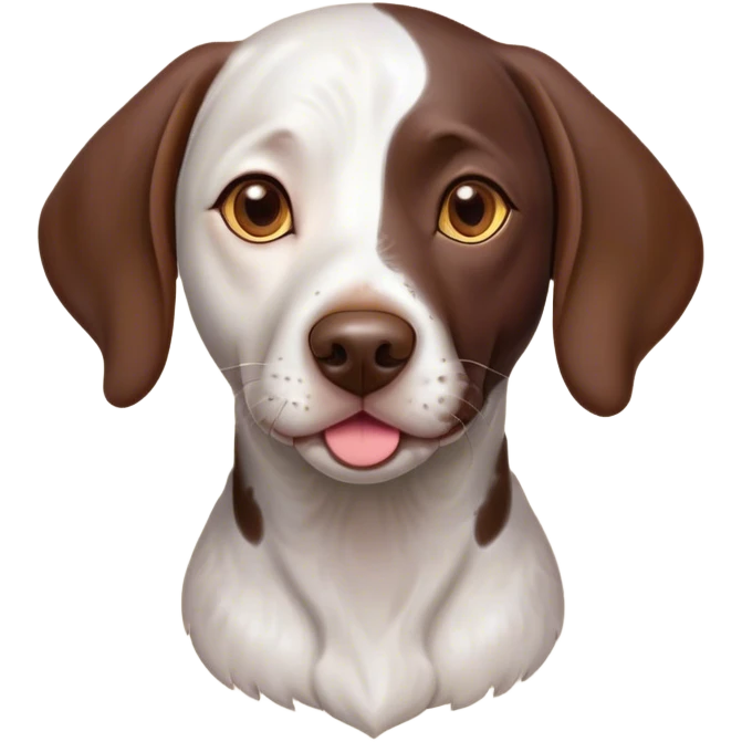 Cinematic Cute German Pointer Portrait Emoji, Head tilted playfully and inquisitively, showcasing a smooth liver and white coat with a healthy sheen, round, sparkling brown eyes filled with curiosity, Simplified yet irresistibly adorable features, highly detailed, glowing with a warm, friendly glow, high shine, affectionate and spirited, stylized with a touch of whimsy, bright and endearing, soft glowing outline, capturing the essence of a mischievous yet loving companion, so playful it feels like it could dash out of the screen and into your arms! emoji