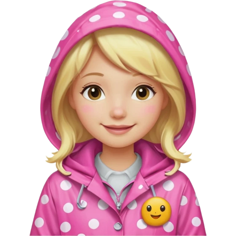 Blonde girl in a pink polka dot raincoat with hoodie emoji