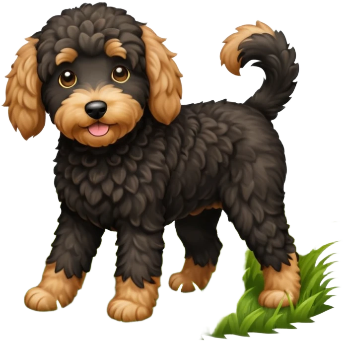 Black golden doodle that played in the grass  emoji