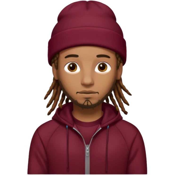 Animate a caramel skinned male with brown dreads and a tan beanie with a burgundy tracksuit on with no beard  emoji