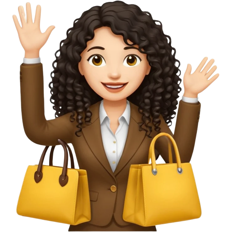 medium deep tan brown business woman with long black curly hair, waving hand with happy face with smile mouth and carrying yellow bag on her shoulder emoji