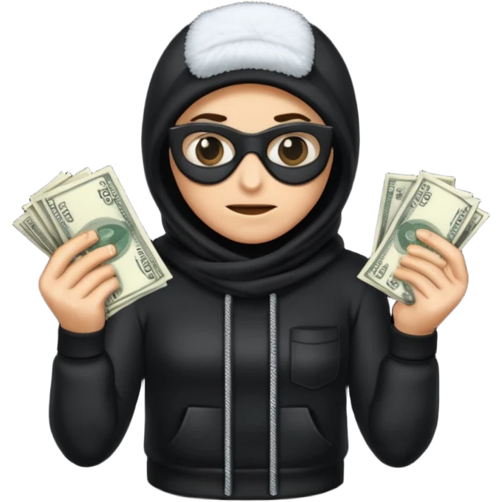 Robber with money na mão direita com uma blusa de frio preta  emoji