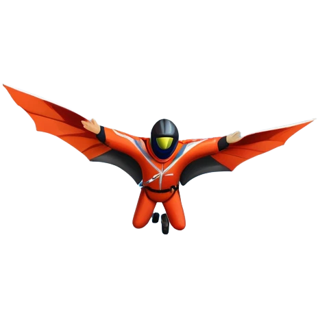 A wingsuit jumper soaring through the air between towering mountains, with the suit spread wide to catch the wind. The background features dramatic cliffs and expansive skies, emphasizing the thrill and freedom of base jumping in a stunning natural landscape. emoji