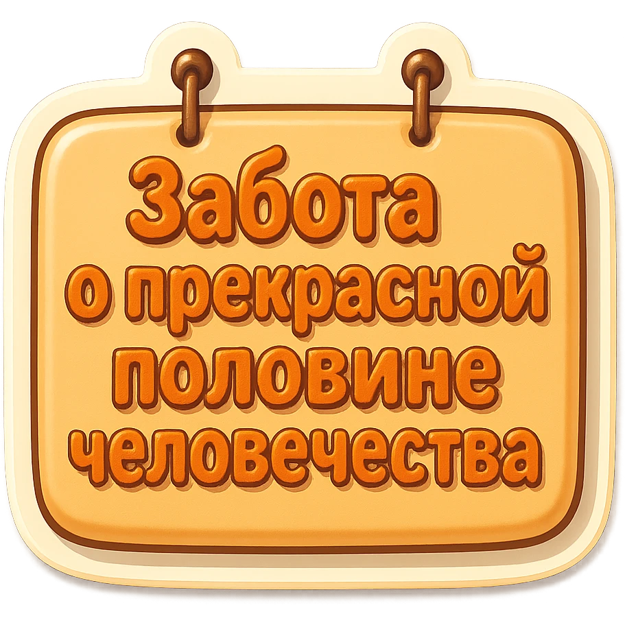 flat rectangular beige sign with rounded corners and light shadow, two nails at the top, retro sticker style, text 'Забота о прекрасной половине человечества' in three compact and readable lines emoji