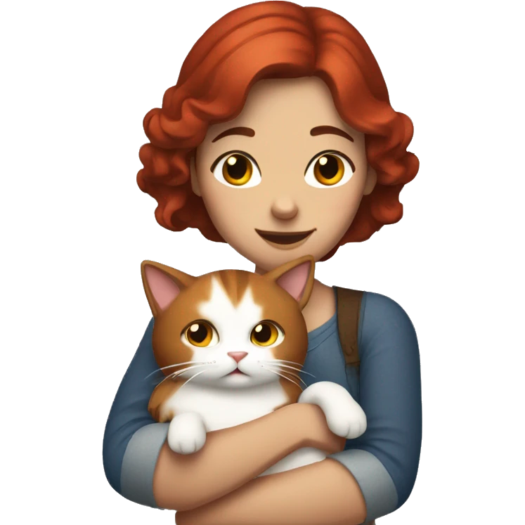 Woman with freckles and brown hair hugging Red and white cat  emoji