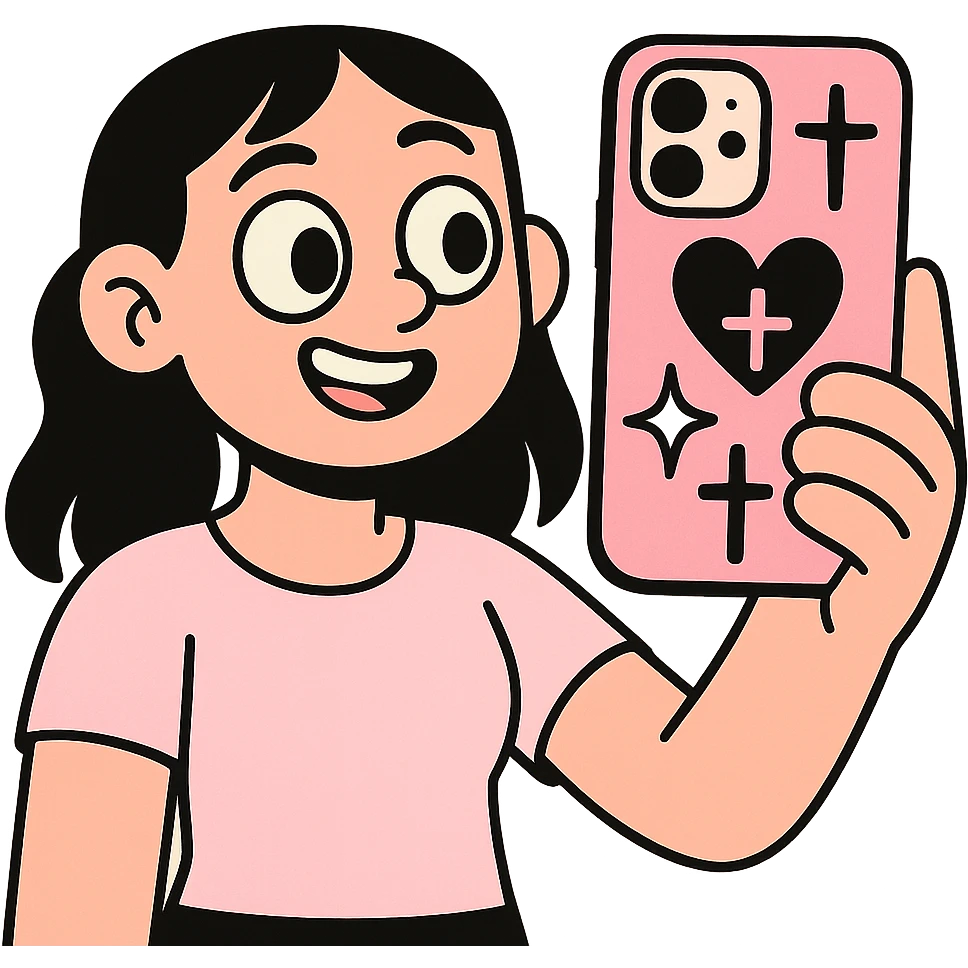 pink and black gothic phone case, big eyes, smiling, playful, cartoonish, gothic symbols emoji