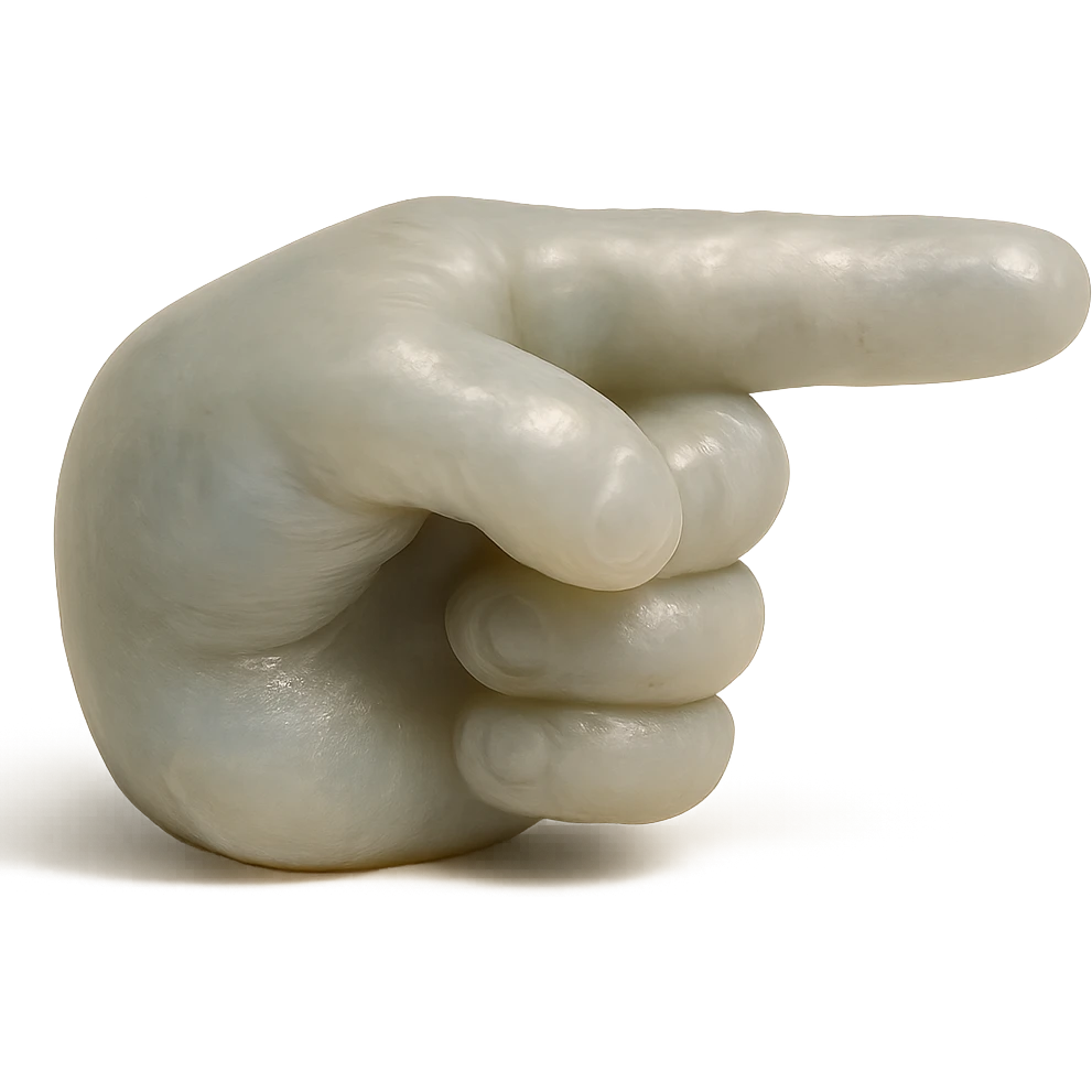 hyper-realistic, highly detailed hand with pointer finger extended, made of clear, transparent, slightly cloudy skin resembling a soft, squishy 90's plastic toy or gummy, soft reflections, retro vibe, plastic texture soft and appealing, almost edible look, intricate details, high-quality, awesome appearance, no background transparent emoji