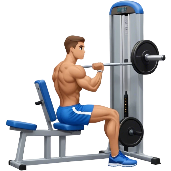side-view bodybuilder in blue shorts seated weighted calf-raise machine on his tip toes emoji