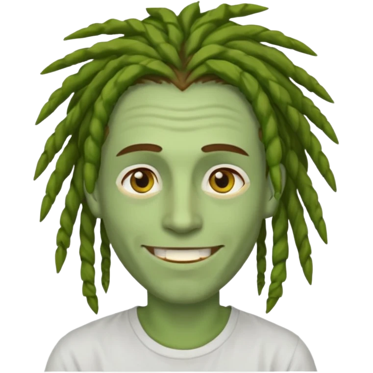 man with brown dreads covering forehead white tee golden eyes light green skin  and white smile emoji