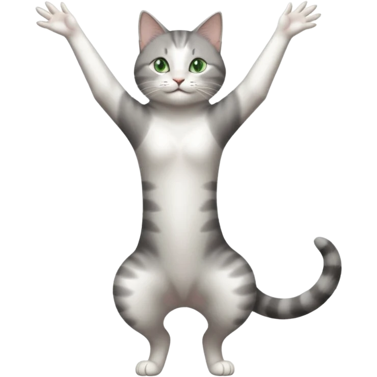 grey and white cat with green eyes doing a big long stretch reaching up into the air with arms and legs side by side together emoji