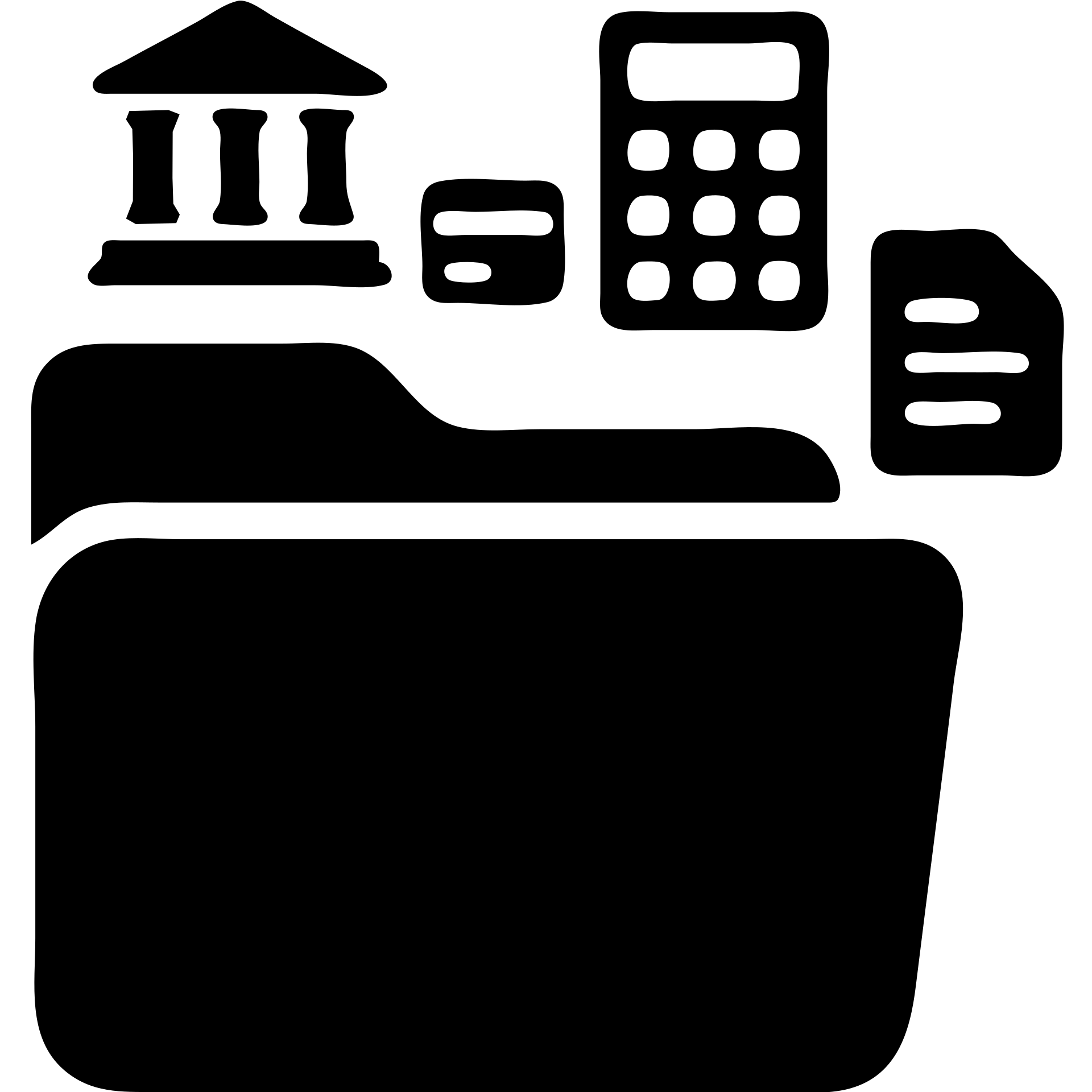 Closed folder icon with small symbols floating around: bank building, credit card, calculator, and document – organized financial archive emoji