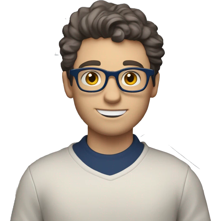 caucasian white boy with dark wavy  hair, blue glasses, and carrying design paper plan because he is an architect carrying a pencil and a set model maquette. wearing a navy blue long sleeve sweater shirt. smart.  emoji
